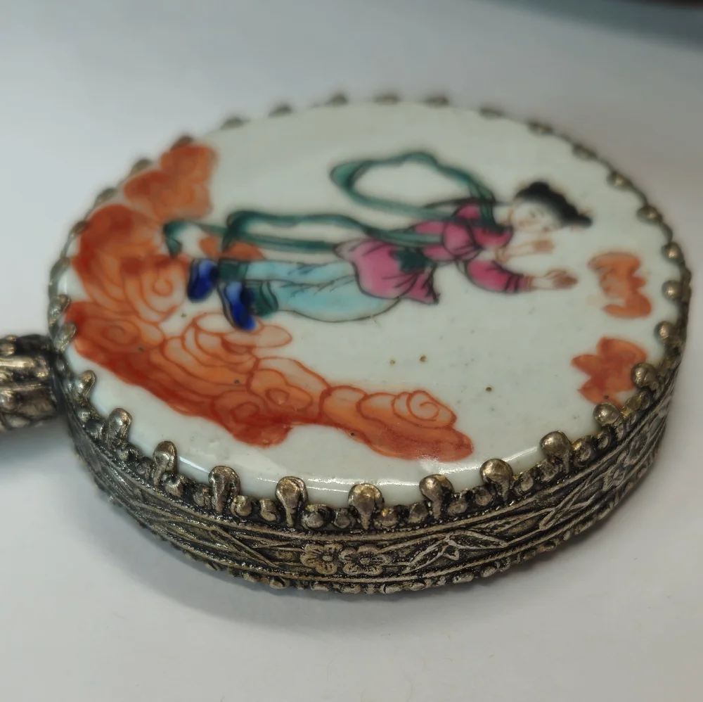 Vintage Chinese Hand Painted with Jade Stone Handle Silver Vanity Mirror